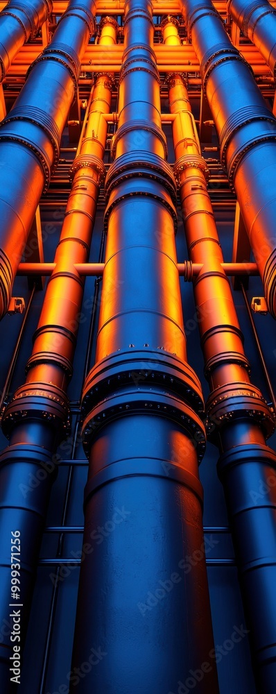 Industrial pipes with vibrant blue and orange lighting against a dark background. Industrial pipes with vibrant blue and orange lighting against a dark background.