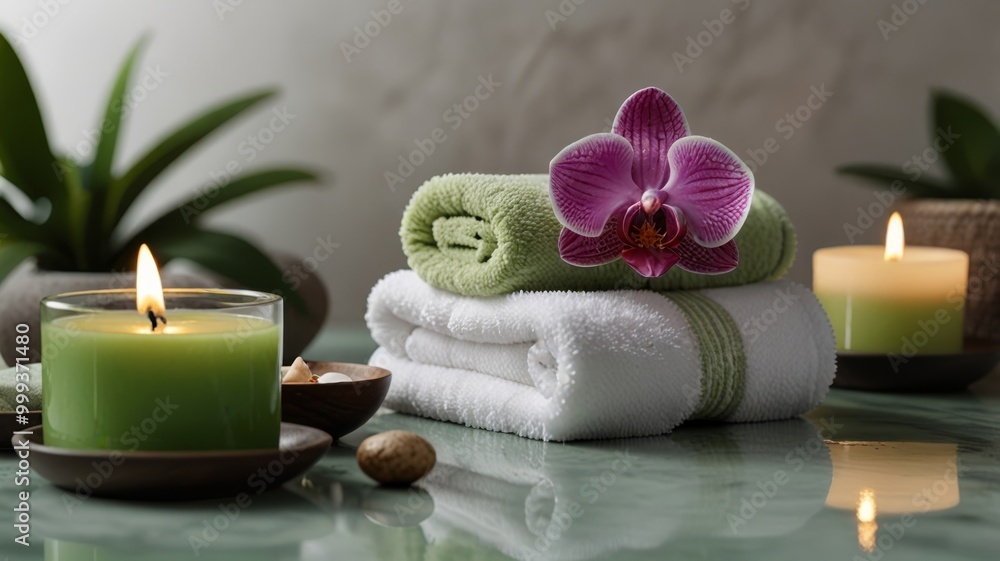 Serene spa setting with green accents, soft towels, a lit candle, and orchid flowers Serene spa setting with green accents, soft towels, a lit candle, and orchid flowers