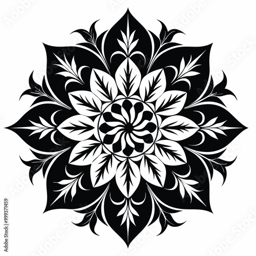 This seamless pattern showcases a striking monochrome floral design with detailed leaves and petals ideal for various artistic and decorative uses