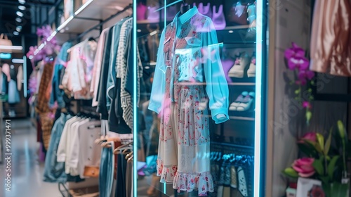 Display of stylish clothing in a modern retail store with vibrant lighting.