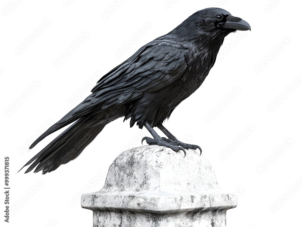 Fototapeta premium Haunting Raven Perched on Weathered Gravestone Foreboding Gothic Mood Stark White Backdrop