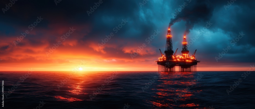Offshore oil rig during sunset, dramatic sky reflection on water.