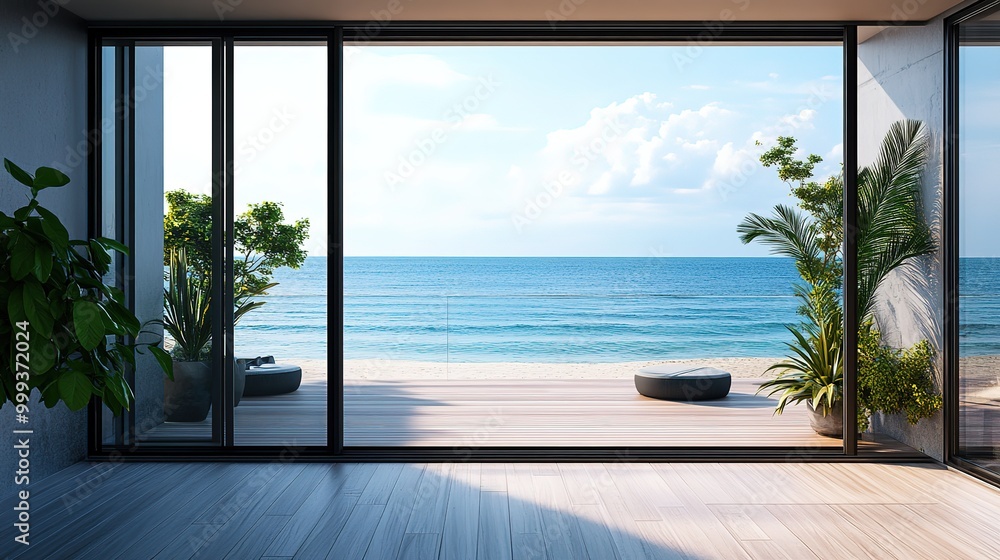 Fototapeta premium Terrace with panoramic windows overlooking the sea. Black balcony room with access to the beach. modern interior design Studio mockup