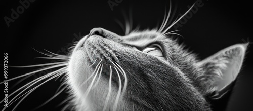 Close up of a cat's face looking up in black and white.