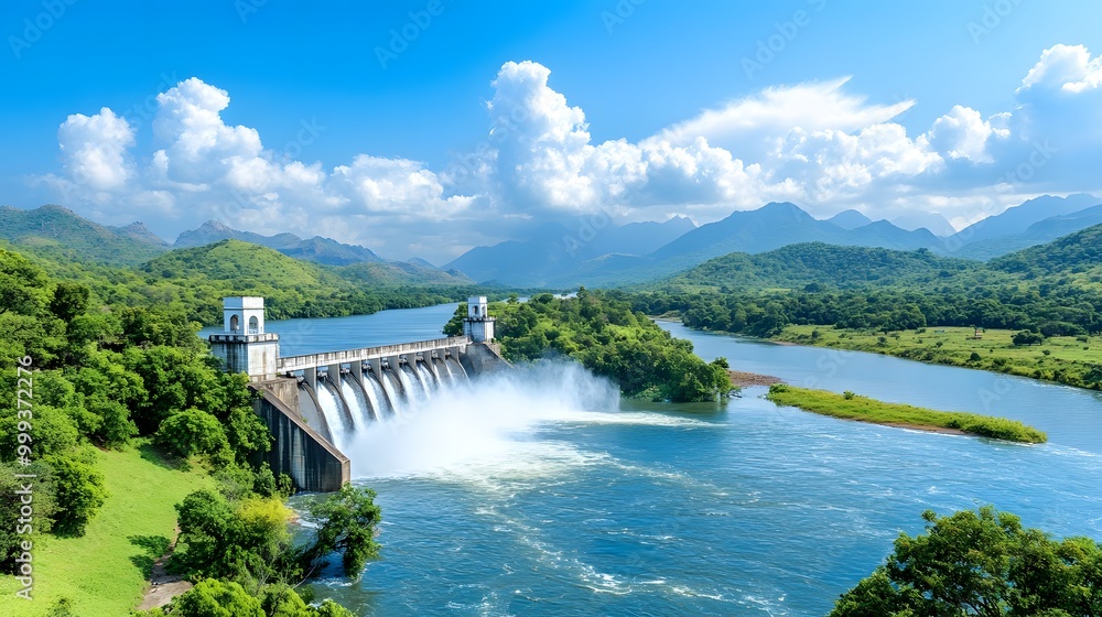 A breathtaking view of a dam amidst lush greenery and mountains, with cascading water under a clear blue sky. A breathtaking view of a dam amidst lush greenery and mountains, with cascading water under a clear blue sky.