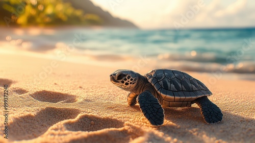 Baby Sea Turtle Crawling Towards Ocean at Sunrise on Beach