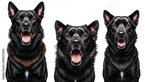 Set Of front view of ferocious looking black Dogs animal looking at the camera with mouth.....