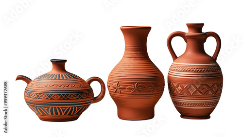 Set Of Front view of earthen Mediterranean-inspired vase isolated on a white background.....