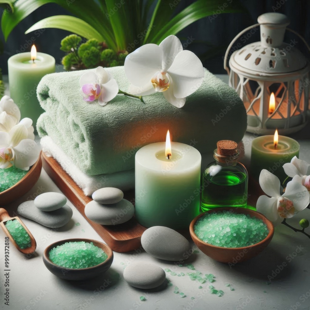 Serene spa setting with green accents, soft towels, a lit candle, and orchid flowers Serene spa setting with green accents, soft towels, a lit candle, and orchid flowers