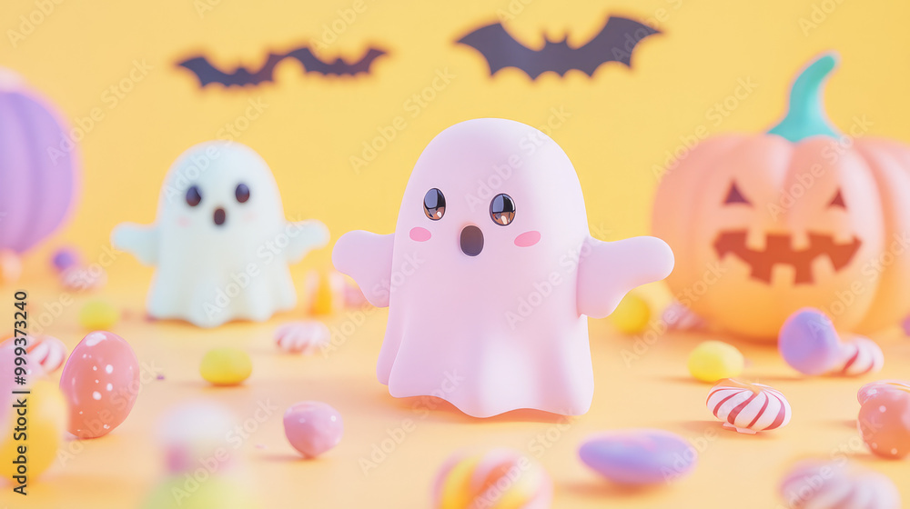 A Halloween themed scene with a ghost, a pumpkin, and candy A Halloween themed scene with a ghost, a pumpkin, and candy