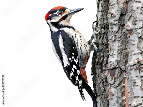woodpecker on tree trunk isolated on transparent background