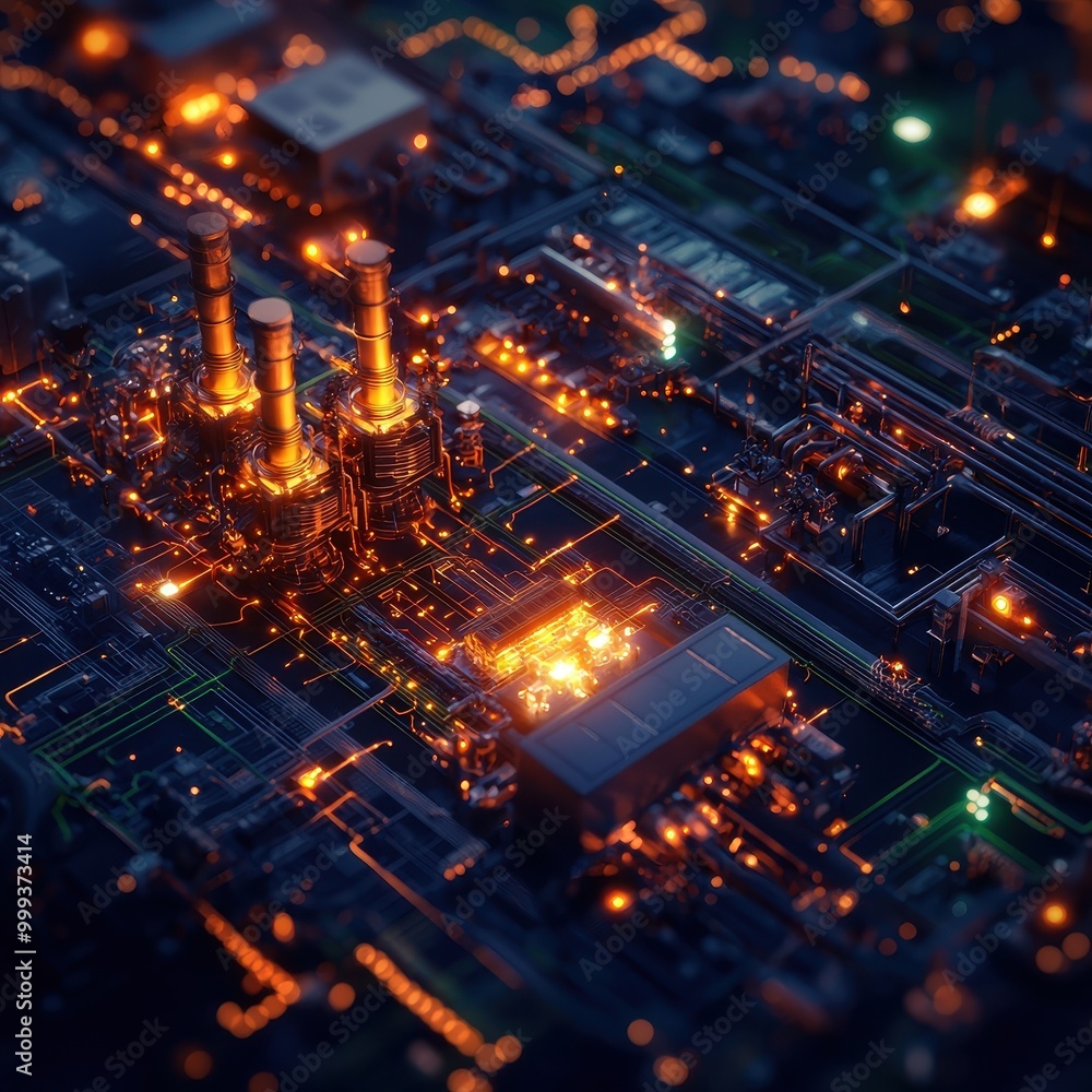 Aerial view of a modern industrial complex with glowing lights and detailed circuitry. Aerial view of a modern industrial complex with glowing lights and detailed circuitry.