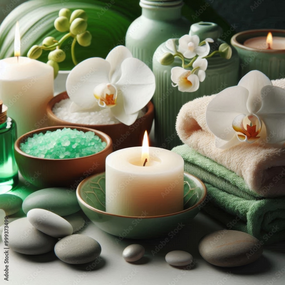 Serene spa setting with green accents, soft towels, a lit candle, and orchid flowers Serene spa setting with green accents, soft towels, a lit candle, and orchid flowers