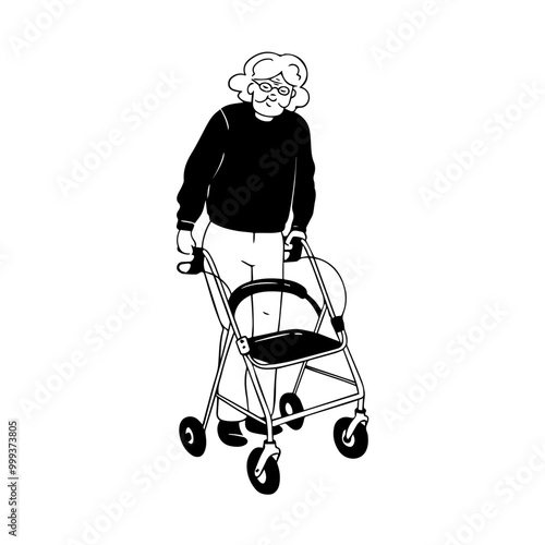 outline illustration of Elderly woman rollator wheeled walker