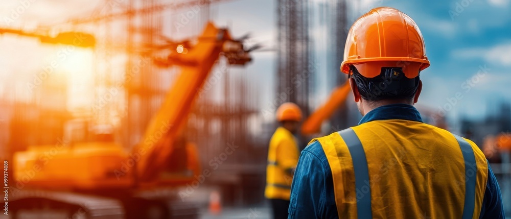 Construction worker observing machinery at a building site. Construction worker observing machinery at a building site.