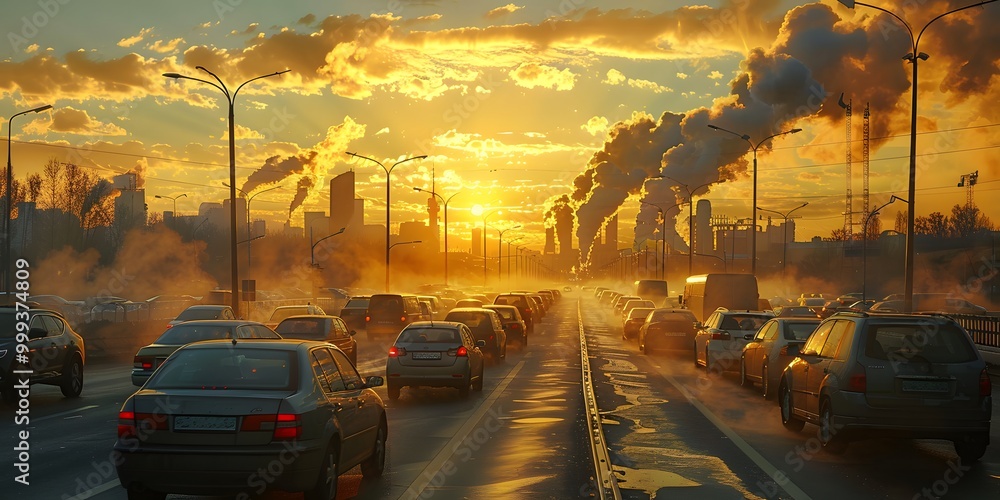 Obraz premium A highway jammed with vehicles emitting exhaust fumes