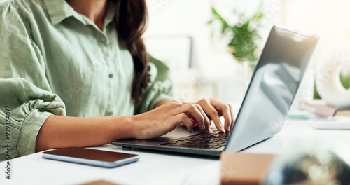 Canvastavla Hands, typing and woman in home office with laptop, research or networking for freelance project