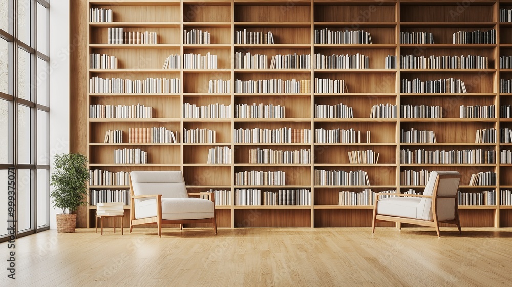 A modern library's interior featuring a blank wall for modeling. 3D Creation A modern library's interior featuring a blank wall for modeling. 3D Creation