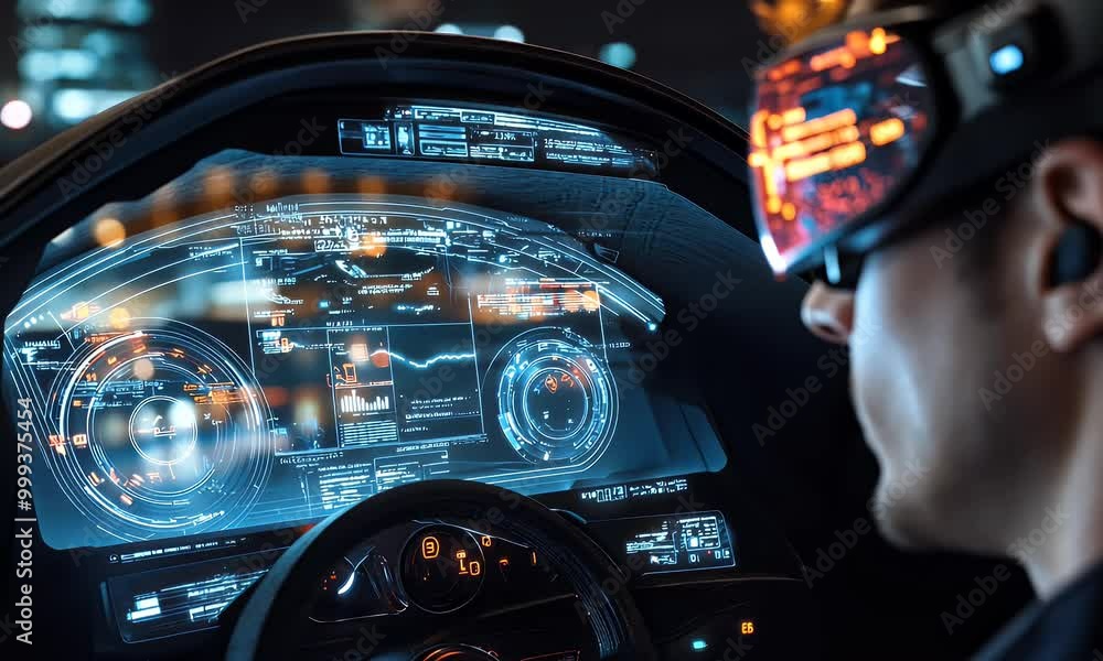 A futuristic cockpit view with a person wearing a VR headset, interacting with digital displays. A futuristic cockpit view with a person wearing a VR headset, interacting with digital displays.