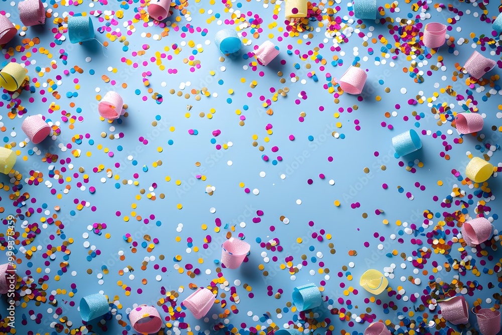 Festive scene with confetti on light blue background Festive scene with confetti on light blue background
