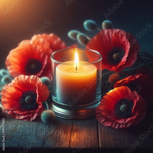 A softly lit candle and delicate Flanders poppies, honoring Remembrance Day and the memory photo