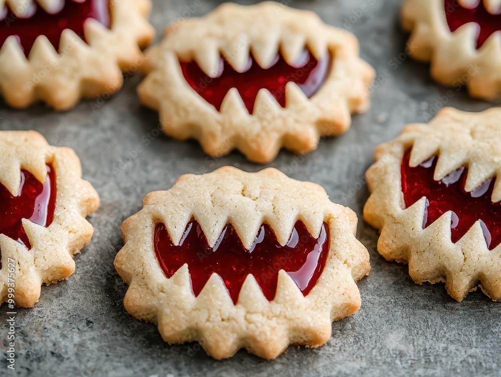 Playful monster cookies with red jam filling, perfect for Halloween treats or fun baking projects. Playful monster cookies with red jam filling, perfect for Halloween treats or fun baking projects.