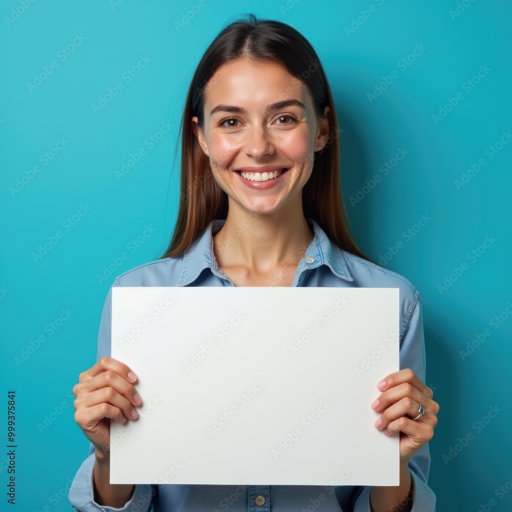 A cheerful woman holding a blank white sign against a vibrant blue background, perfect for promoting customizable messages or advertisements.