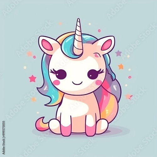 Cute Kawaii Unicorn Illustration with Rainbow Mane and Stars, Perfect for Kids' Room Decor and Gifts