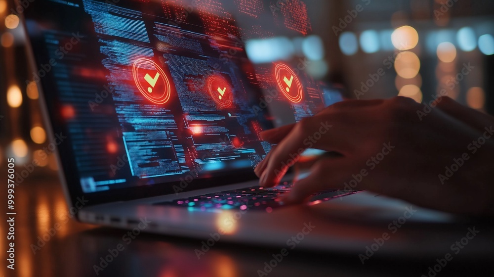 Person typing on a laptop with holographic warning symbols on screen in an office environment, concept of cybersecurity threat Person typing on a laptop with holographic warning symbols on screen in an office environment, concept of cybersecurity threat
