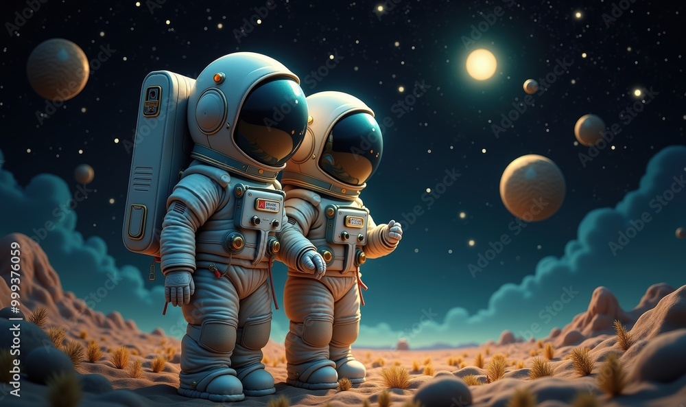 Two astronauts explore an alien landscape under a starry sky, symbolizing adventure and the pursuit of knowledge in outer space.