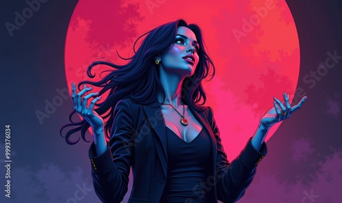 A captivating digital artwork of a mysterious woman against a vivid moonlit background, perfect for themes of fantasy, empowerment, and magic.