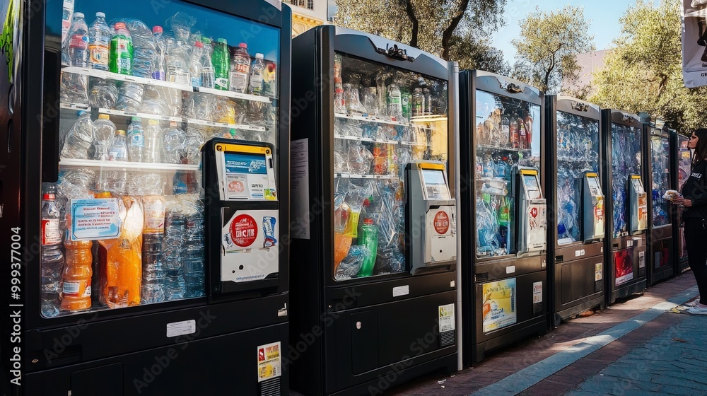Innovative vending-style recycling machines that accept plastic bottles and cans in exchange for rewards, promoting public recycling. Innovative vending-style recycling machines that accept plastic bottles and cans in exchange for rewards, promoting public recycling.