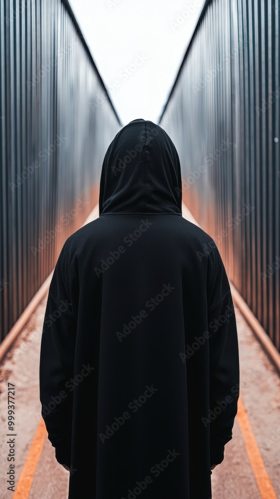 Person in hoodie facing containers, moody urban pathway Person in hoodie facing containers, moody urban pathway