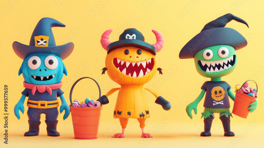 Three cartoon characters dressed in Halloween costumes Three cartoon characters dressed in Halloween costumes