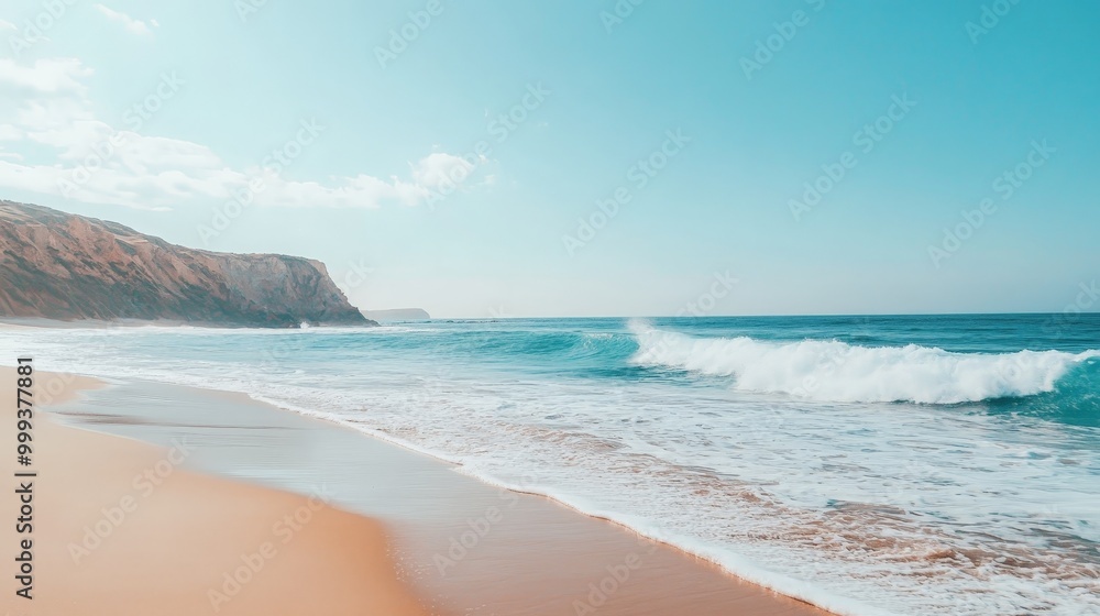 Obraz premium Inspirational quote over a scenic beach with gentle waves and a clear sky, perfect for a calm, peaceful message.
