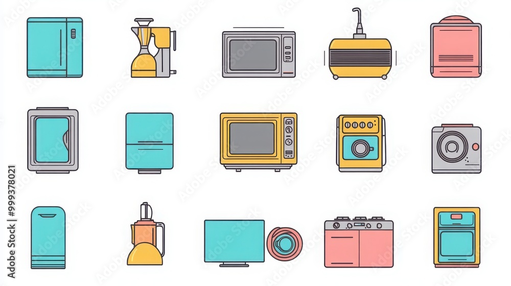 Home Appliances thin line icon set. such as iron, refrigerator, washing machine, microwave, air conditioner, television, coffee maker, vacuum cleaner, toaster Home Appliances thin line icon set. such as iron, refrigerator, washing machine, microwave, air conditioner, television, coffee maker, vacuum cleaner, toaster