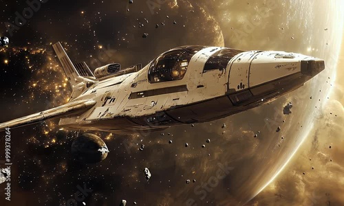 Wallpaper Mural A futuristic spacecraft navigates through a cosmic scene filled with asteroids and planets. Torontodigital.ca