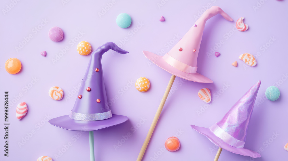 Two purple and a pink are on a purple background with candy Two purple and a pink are on a purple background with candy