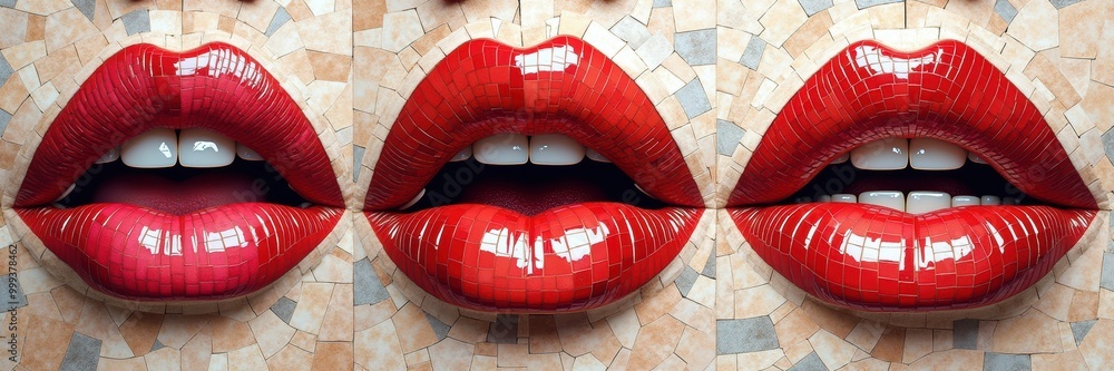 Vibrant red lips showcasing glossy makeup in three poses, ideal for beauty, cosmetics, and fashion promotions. Perfect for ads, blogs, and social media content. Vibrant red lips showcasing glossy makeup in three poses, ideal for beauty, cosmetics, and fashion promotions. Perfect for ads, blogs, and social media content.