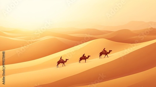 Aerial view of a desert landscape with tourists on camels flat design top view exotic destination theme animation vivid