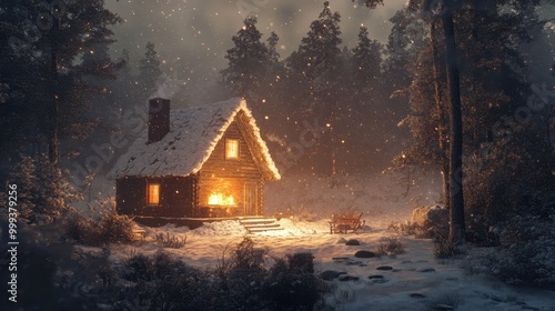 Cozy Cabin in Snowy Forest at Night