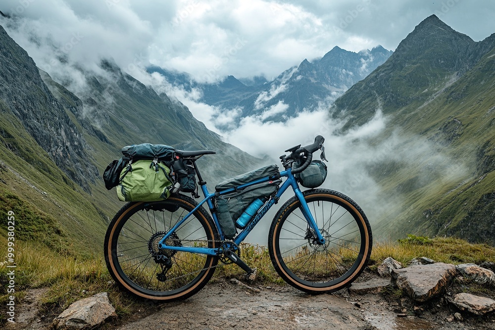 Fototapeta premium A blue bike with gear on the front and back stands against an impressive mountain landscape