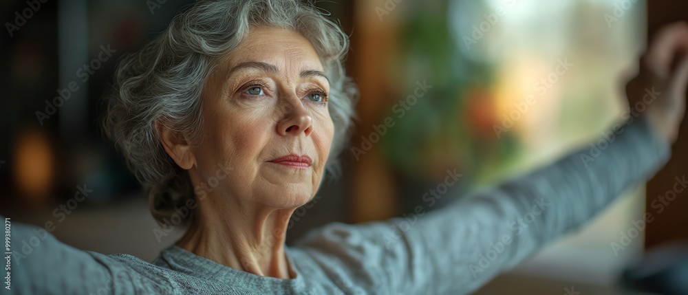 Naklejka premium Elderly woman stretching in home gym, focusing on pain relief for shoulder and back issues, fitness routine for health and muscle care