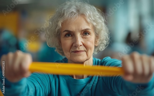 Elderly woman stretching with a band in a retirement home, physiotherapist providing assistance, physical therapy and fitnessfocused rehabilitation photo