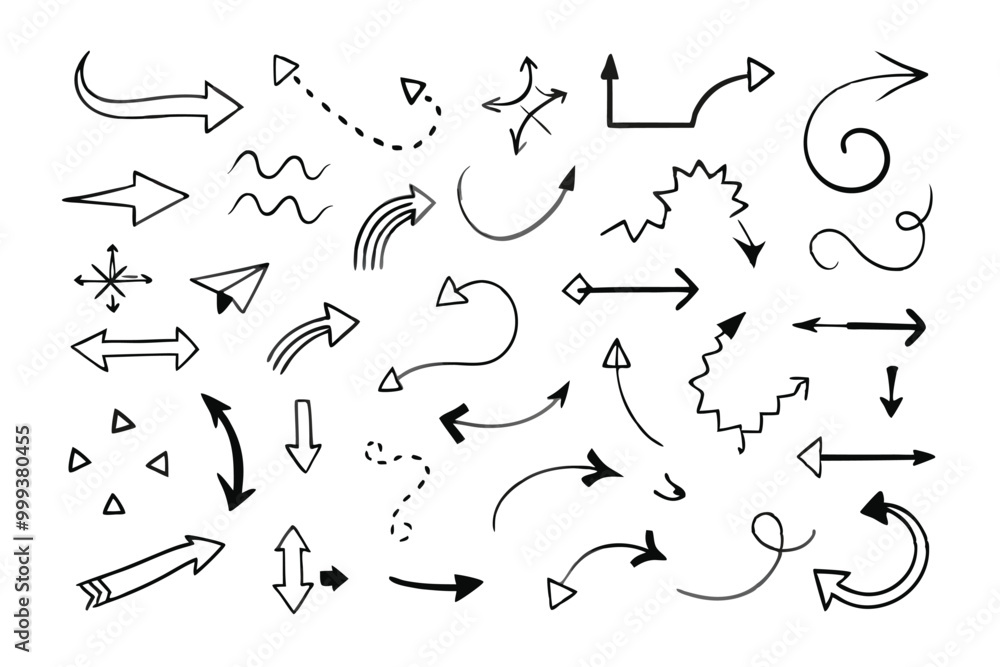 Arrow icons set. Vector black directional pointers. Flat hand-drawn line doodle style. Arrow icons set. Vector black directional pointers. Flat hand-drawn line doodle style.