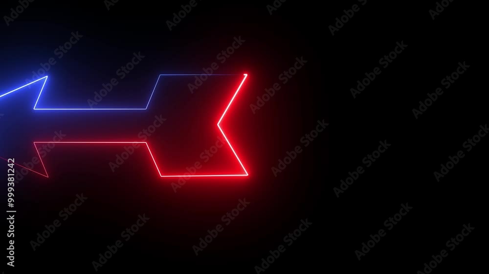 4K animated glowing neon-colored arrow background. Blue and red colored glowing neon arrows are animated on a black background. 4K animated glowing neon-colored arrow background. Blue and red colored glowing neon arrows are animated on a black background.