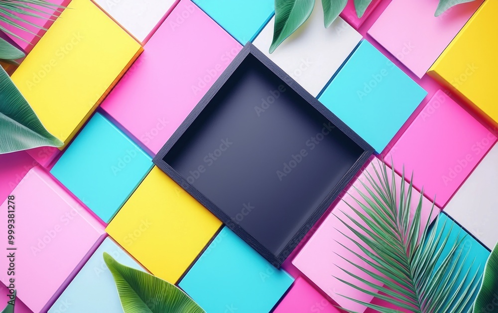Colorful geometric background with a black tray and leaves Colorful geometric background with a black tray and leaves