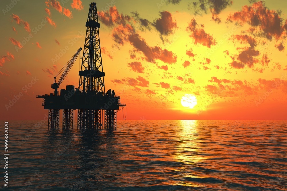 Obraz premium Oil rig silhouetted against a vibrant sunset over the ocean