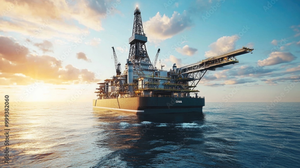 Obraz premium Offshore oil rig at sunset in calm waters