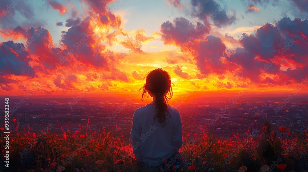 Woman Silhouetted Against a Vibrant Sunset Over a Cityscape Woman Silhouetted Against a Vibrant Sunset Over a Cityscape